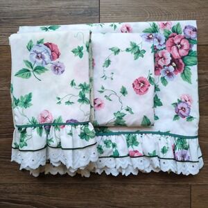 Vintage Waverly Eyelet Ruffle‎ Floral Twin Sheet Set - Flat Fitted Pillowcase